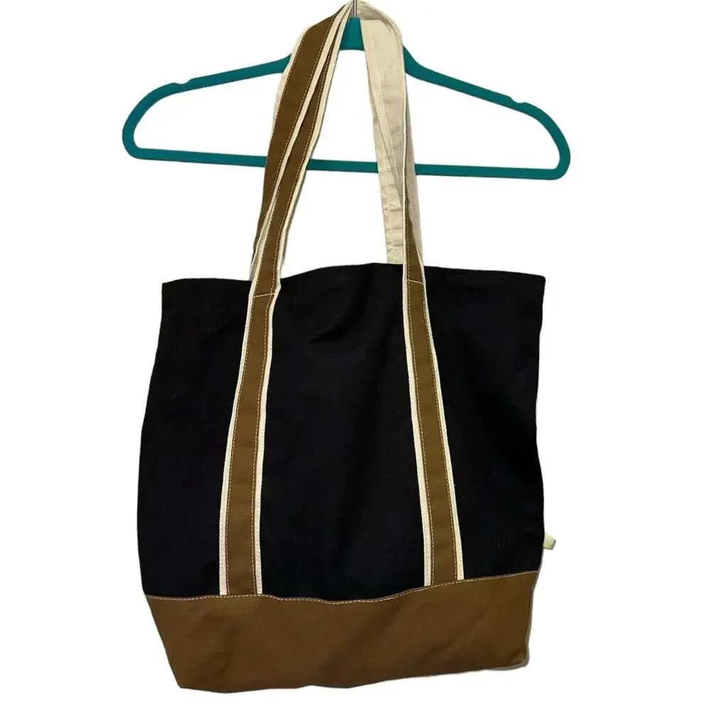 Summersalt‎ Canvas Tote Bag Black Brown Leather Trim Carryall